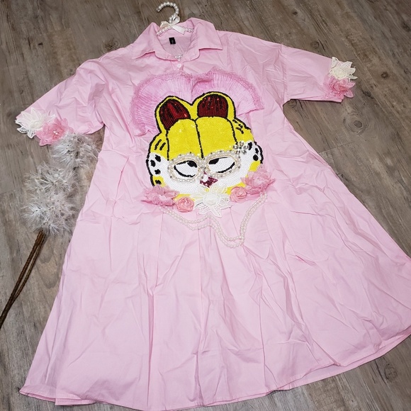NWT Oversized Streetwear Shirt Dress Cat Design - Picture 2 of 6